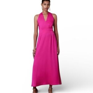Banana Republic Hot Pink Halter Satin Deep V Midi Dress